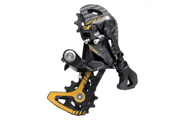 Rear derailleur 12-speed in black suitable for SHIMANO in gold.