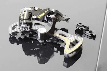 Rear derailleur 12-speed in black suitable for SHIMANO in gold.
